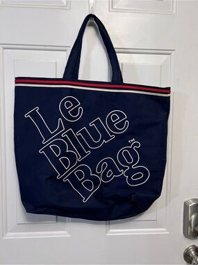 Vintage Le Blue Bag Navy Canvas Tote Beach Bag Large 17x20 Double Logo USA